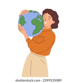 Woman hugging Earth globe and Love Our Planet inscription isolated on white background. Eco sticker with lettering. Concept of ecological awareness. Colored flat textured vector illustration