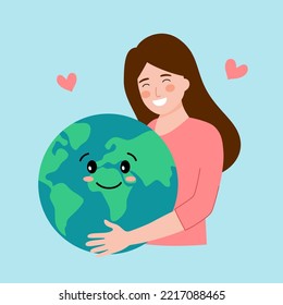 Woman hugging earth planet with love in flat design. Earth day concept. Save the planet.