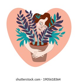 Woman hugging favorite houseplants in flower pot. Concept of love and friendship between human and nature. Smiling female character with domestic plant in hygge mood. Flat vector cartoon illustration.