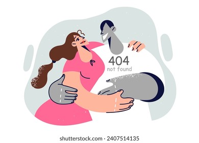 Woman hugging fictional boyfriend with inscription error 404 not found, for concept loneliness. Girl with psychological disorder due to absence of husband and loneliness, meets with non-existent guy