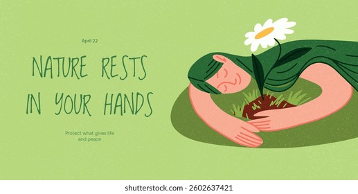 Woman hugging flower. Concept of harmony with nature, ecology awareness and protecting environment. Flat vector illustration for International Mother Earth Day and sustainability campaigns.