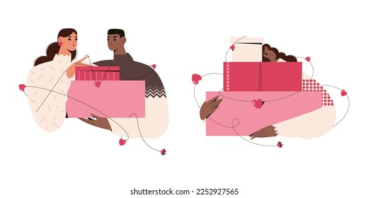 Woman hugging gifts. Vector illustration of multicultural couple with present boxes and garland. Happy Valentine's Day. Valentine's Day sale landing page. Isolated on white