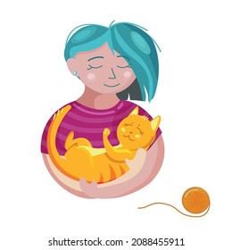 Woman hugging ginger cat.Vector illustration of a young modern girl holding a cat in her arms drawn in a flat style, isolated on a white background.Concept of love for animals