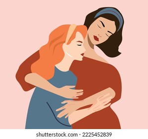 La mujer está abrazando a la chica. Mamá e hija se apoyan mutuamente. Ilustración familiar para una postal del Día de la Mujer o del Día de la Madre. Hermosa madre y su hija adulta. Relaciones familiares amistosas 