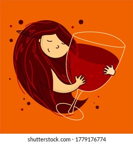 Woman Hugging A Glass Of Wine. Peaceful And Friendly Illustration In A Party Mood. Illustration In Bright Colours. Evening By Yourself.