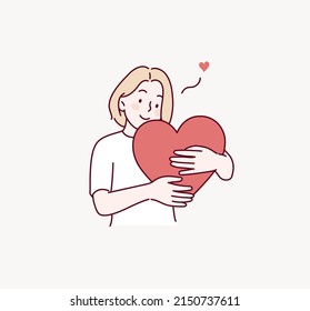 woman hugging a heart. Hand drawn style vector design illustrations.