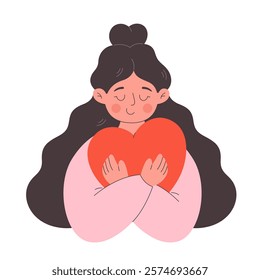 Woman hugging heart. Love yourself, self care and self acceptance concept. Mental health. Vector illustration in flat style