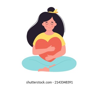 Woman Hugging Heart. Self Love, Positive Emotion, Mental Health, Freedom, Happiness, Mental Wellbeing. Hand Drawn Vector Illustration