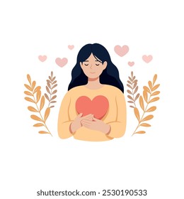 Mujer abrazando el corazón. Amor propio. Ámate a ti mismo. Concepto de emoción positiva y salud mental. Libertad y bienestar mental. Ilustración plana de dibujos animados de Vector aislada en blanco.