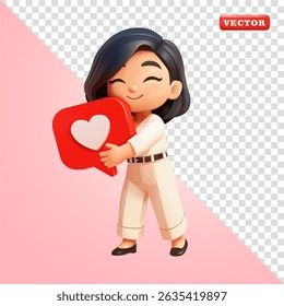 Woman hugging heart symbol, 3D vector. Suitable for social media and advertising