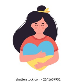 Woman hugging a heart with Ukrainian flag colors. Stay with Ukraine. No war. Pray for Ukraine. Hand drawn vector illustration 