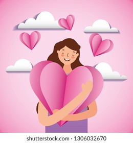 Woman hugging a heart, vector illustration background