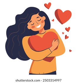 Woman Hugging Heart, Warm and Loving Design - Flat Vector Illustration