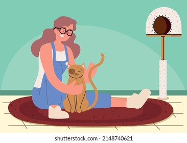 woman hugging a her cat in the home
