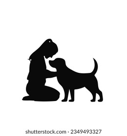 Woman hugging her dog, love pet, pet lover silhouette