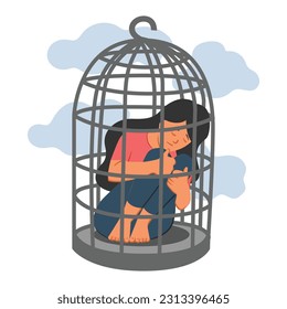 Woman hugging her knees sitting inside of the cage isolated on white background
