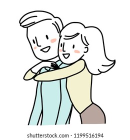 Woman hugging her man from behind. Valentine's Day card or wedding anniversary card with lovely woman embracing her man from behind. Cute couple embracing each other totally in love. Hand-drawn vector