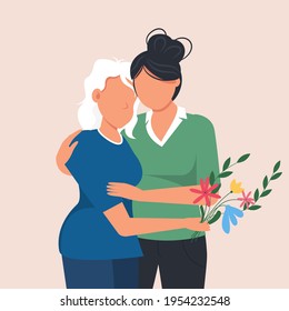 Woman hugging her mother. Family love. Mothers Day greeting card. Mom and daughter hug together. Happy characters lifestyle. Family relationship concept. Vector illustration.