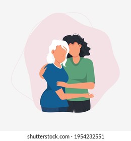 Woman hugging her mother. Family love. Mothers Day greeting card. Mom and daughter hug together. Happy characters lifestyle. Family relationship concept. Vector illustration.