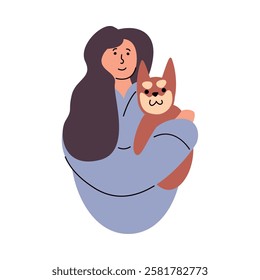 Woman hugging her pet cat with love and affection isolated vector illustration