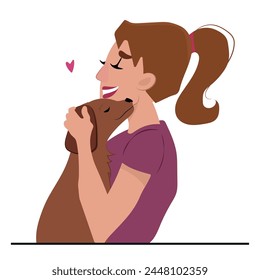 woman hugging her pet puppy, vector illustration.