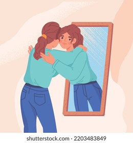 Woman hugging her reflection. Metaphor of positive psychology, selfacceptance. Mental health and optimism. Selfesteem and selfconfidence. Young girl next to mirror. Cartoon flat vector illustration