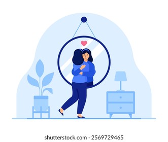 Woman hugging her reflection in a mirror. Self-love, self-care, self-esteem, compassion, acceptance, body positivity, mental health concept. Flat vector illustration Isolated on a white background