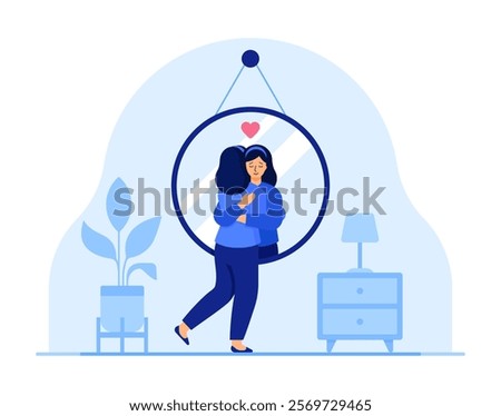 Woman hugging her reflection in a mirror. Self-love, self-care, self-esteem, compassion, acceptance, body positivity, mental health concept. Flat vector illustration Isolated on a white background