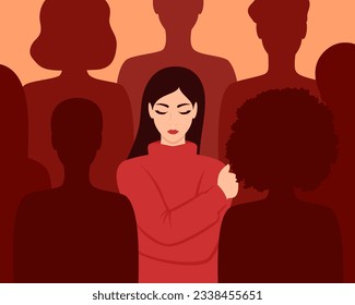 A woman hugging herself among the silhouettes of people. Loneliness in a crowd. Vector illustration in flat style