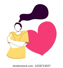 Woman hugging herself with big heart. Self love and self care concept. Faceless girl in yellow T-shirt. Embrace equity International women's day. Vector illustration