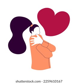 Woman hugging herself with big heart. Self love and self care concept. Faceless girl in orange shirt. Embrace equity International women's day. Vector illustration
