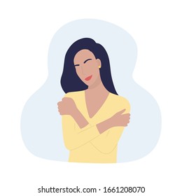 Woman hugging herself. Woman of color express self love and self care. Trendy minimalistic illustration of flat woman. Treat yourself, take care of yourself vector concept EPS 10.