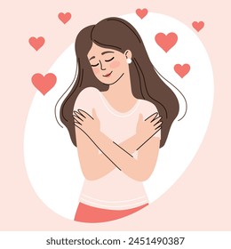 Woman hugging herself. Concept of self-love, body positivity.Woman self care. People concept. Vector illustration.