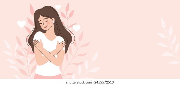 Mujer abrazándose. Concepto de amor propio, cuidado personal, amar tu cuerpo. Positividad corporal, alegría, amor. Anuncio con espacio para texto. Vector ilustración de dibujos animados en estilo plano