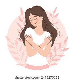 Mujer abrazándose. Concepto de amor propio, cuidado personal, amar tu cuerpo. Positividad corporal, alegría, amor. Postal. Vector ilustración de dibujos animados en estilo plano