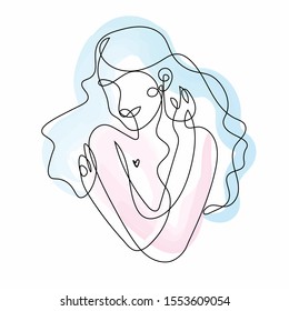 Woman hugging herself in continuous line drawing, Love your body concept,  Isolated on the white background, vector illustration monochrome, Drawing by lines, Minimalist Style. 