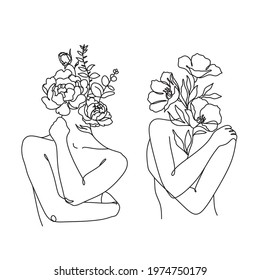 Woman hugging herself in continuous line drawing, Love your body concept, Isolated on the white background, vector illustration monochrome, Drawing by lines, Minimalist Style.