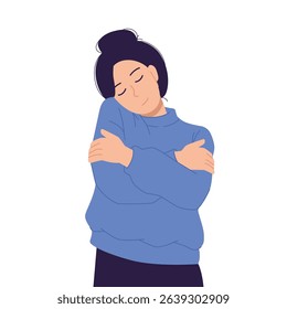 Woman Hugging Herself with Eyes Closed – Self-Care, Self-Love, and Comfort Concept – Calm and Peaceful Female Character in Cozy Outfit, Flat Vector Illustration