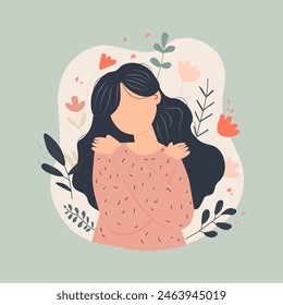 Woman hugging herself, flat style. Vector illustration 