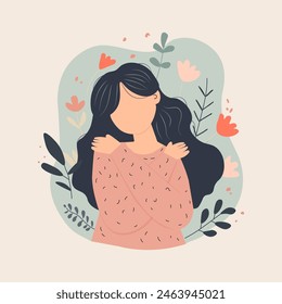 Woman hugging herself, flat style. Vector illustration 