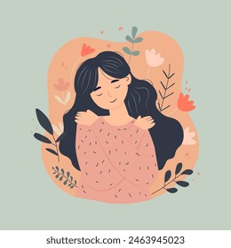 Woman hugging herself, flat style. Vector illustration 