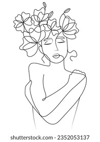 Woman Hugging Herself with Flowers on her Head as a Garden or a Crown in Minimal One Line Art Drawing