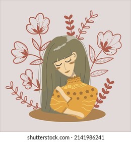 Woman hugging herself as a form of self love with floral objects illustration