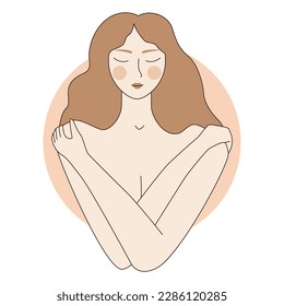 Woman hugging herself. A girl who is satisfied and loves herself. The concept of self-love, self care and self-acceptance. 
Person with healthy self-perception. Stock vector illustration