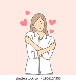 Woman hugging herself with hearts on pink background. Self love and self care. Love yourself. Love your body concept. Hand draw style. Vector illustration.