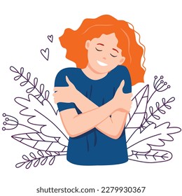Woman hugging herself with hearts on white background. Love yourself concept. Vector illustration. 