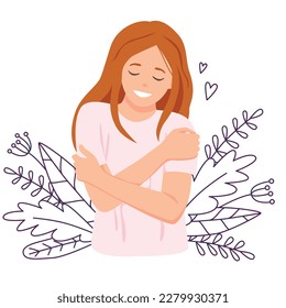 Woman hugging herself with hearts on white background. Love yourself concept. Vector illustration. 
