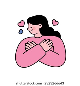 A woman is hugging herself in her arms. outline simple vector illustration. 