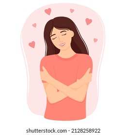 Woman hugging herself. Love yourself and take care of yourself concept. Self love. Vector illustration