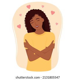 Woman hugging herself. Love yourself and take care of yourself concept. Self love. Vector illustration